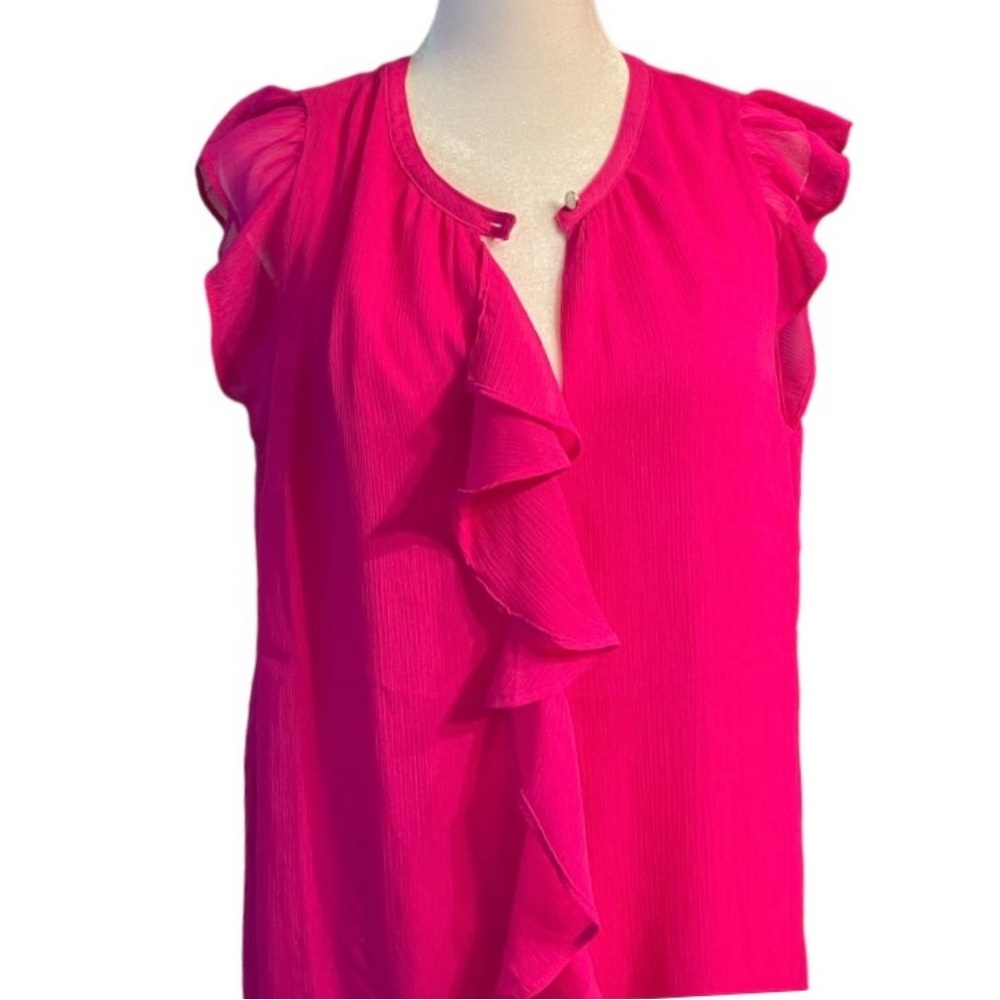 NWT DKNY Lightweight Ruffle Front Lined Blouse In Hot Pink. Size Large